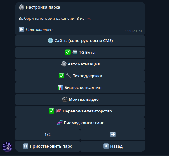 Пример настройки парса в боте в пользовательской панели