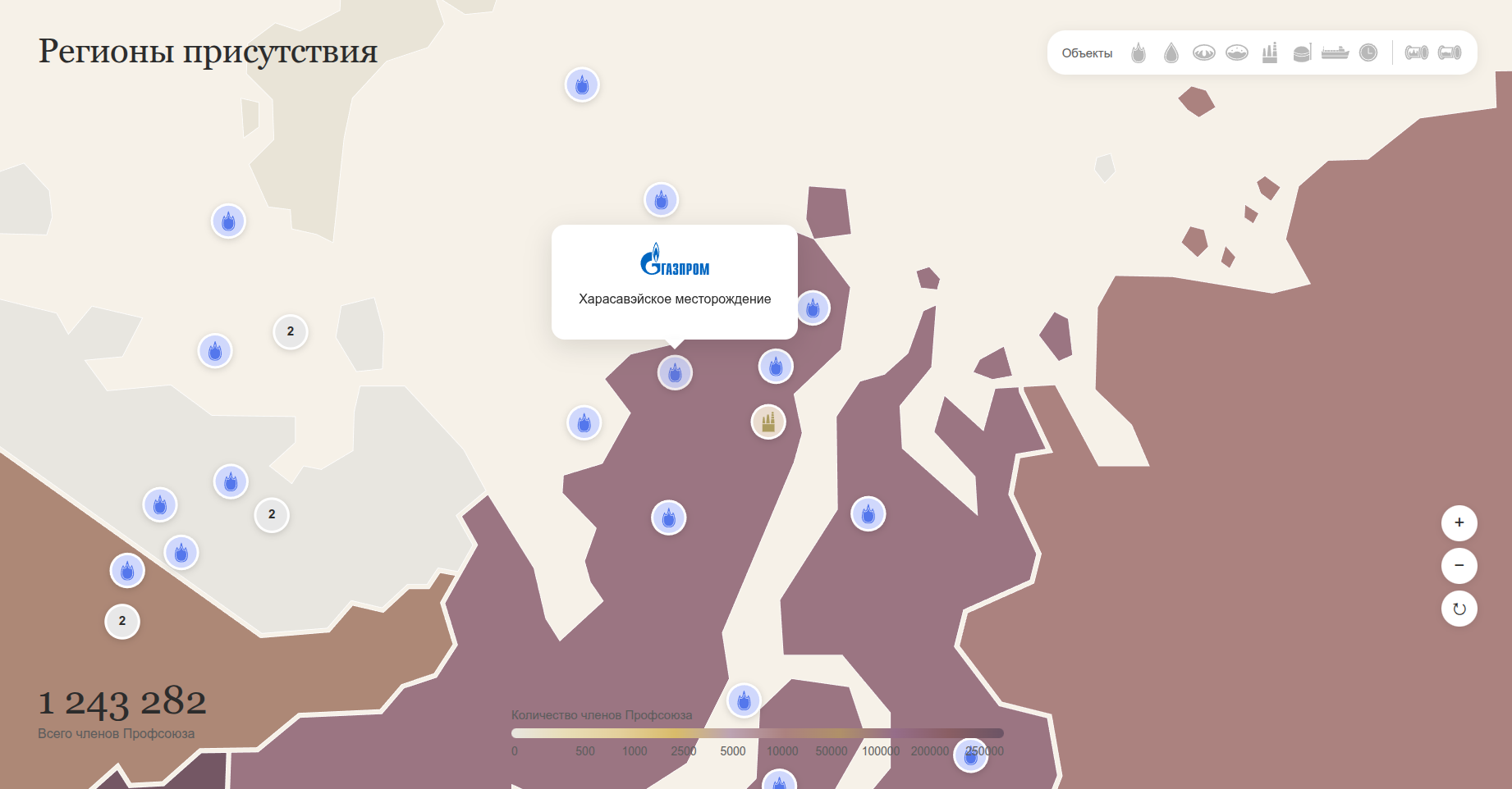 Пример кластеризации объектов, тултипа и зума карты