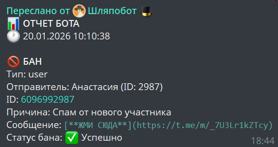 Пример бана (вход + моментальный спам ссылкой)