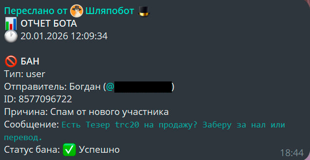 Пример бана (вход + спам сообщение)